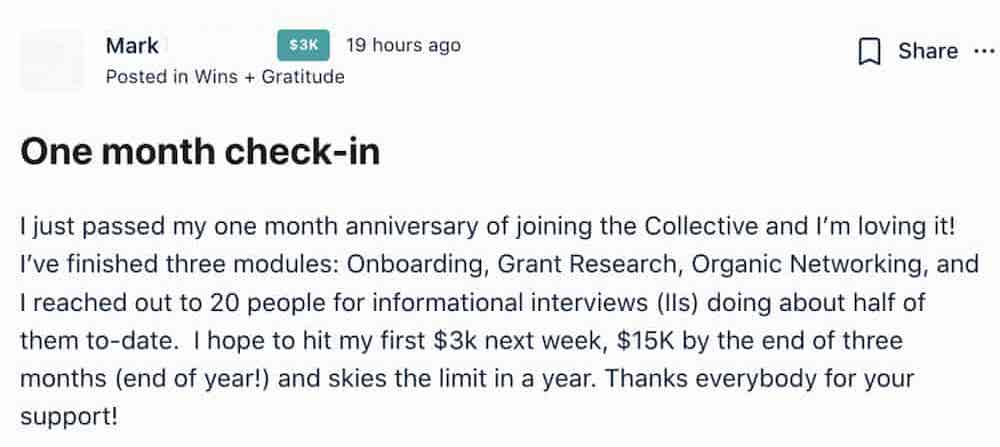 screen shot of member success post