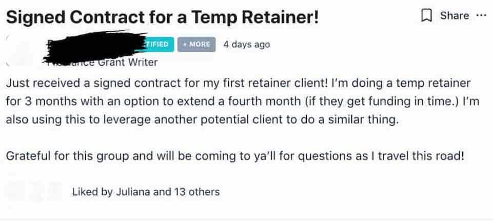screen shot of member success post