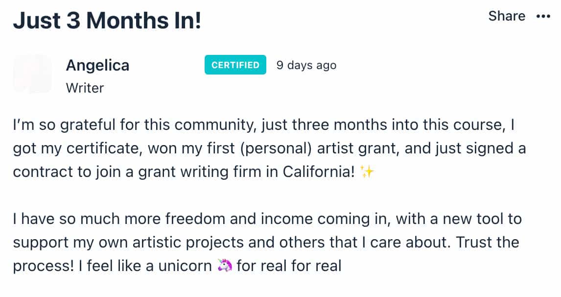 screen shot of member success post