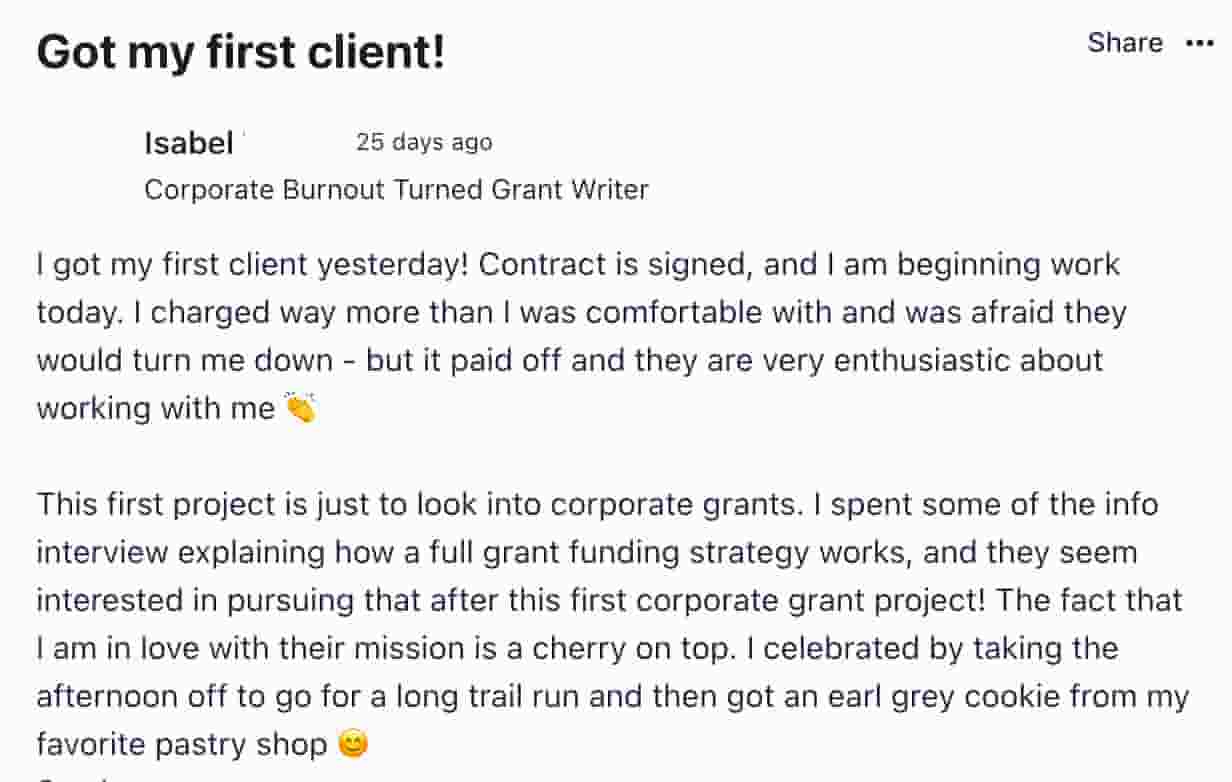 screen shot of member success post