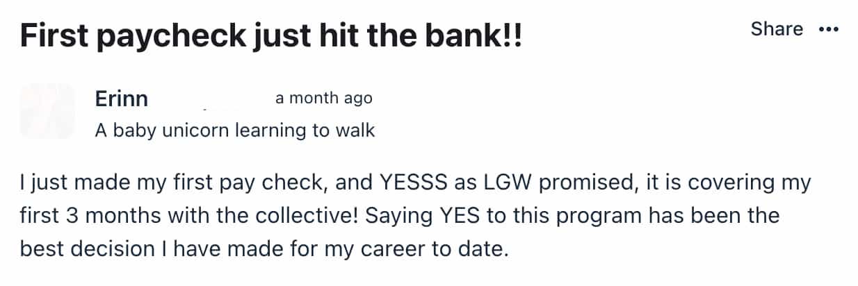 screen shot of member success post