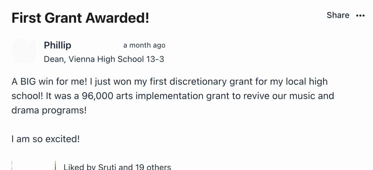 screen shot of member success post