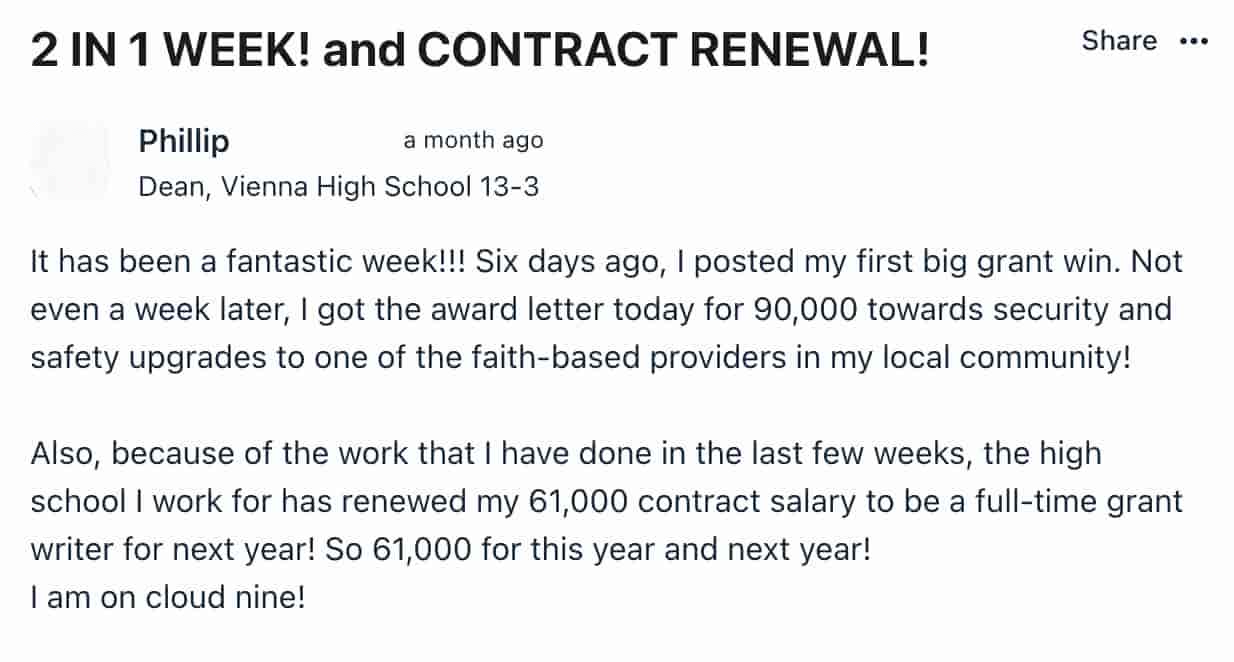 screenshot of member success story